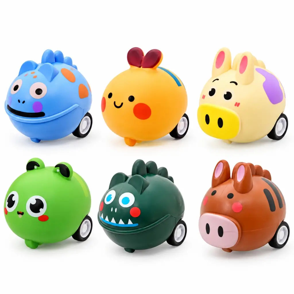 Six colourful mini pull-back animal cars in assorted character designs