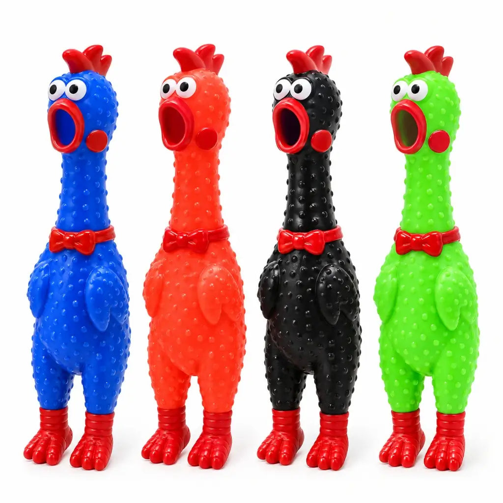 Four assorted mini screaming chicken toys in blue orange black and green