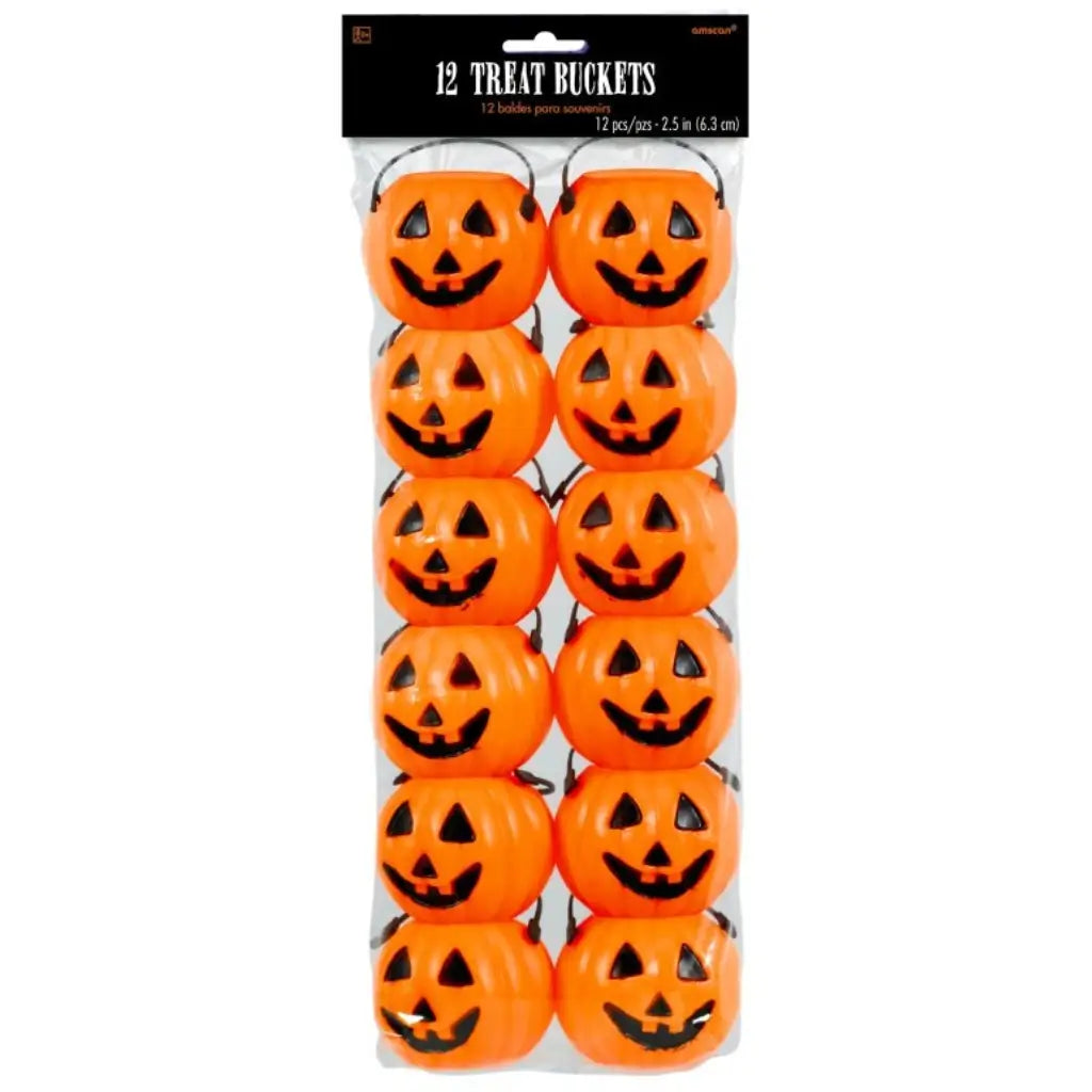 Pack of 12 mini smiling pumpkin Halloween treat pails