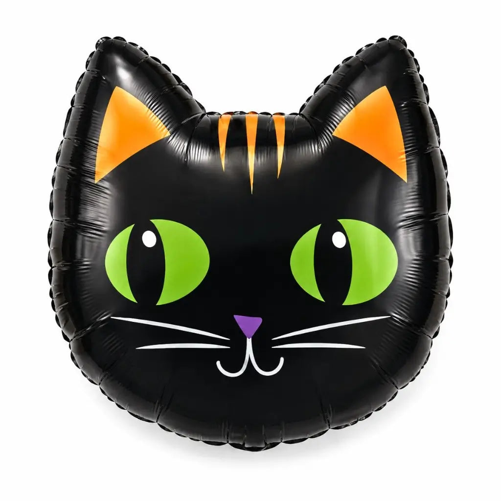 Black cat mini foil balloon with bright green eyes and orange ears