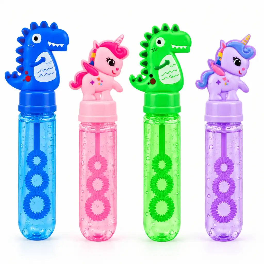 Four assorted mini unicorn and dinosaur bubble wands in bright colours
