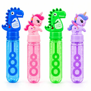 Four assorted mini unicorn and dinosaur bubble wands in bright colours