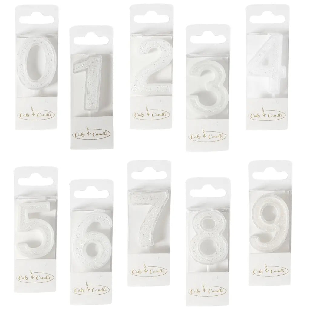 Mini white glitter number 0 to 9 candle for birthday cakes