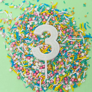 Mini white glitter number 3 candle for birthday cake