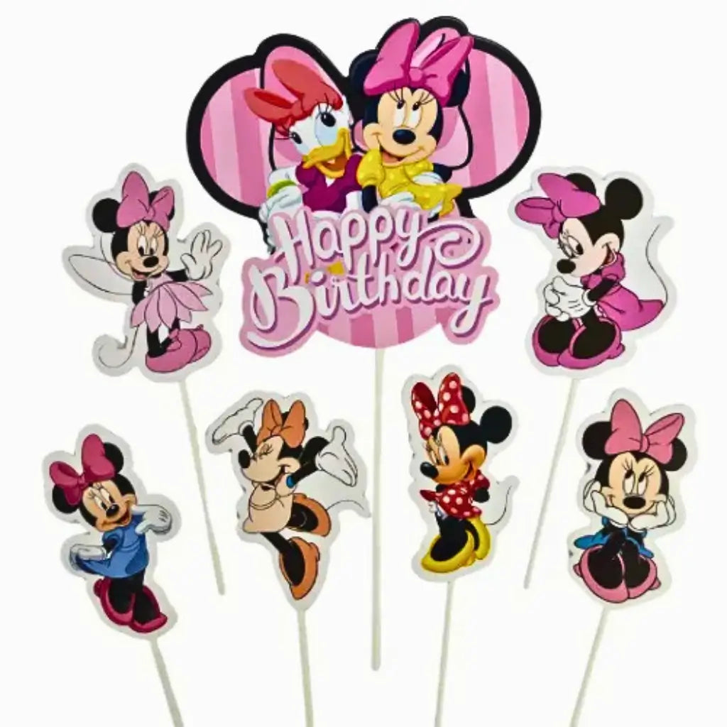 Disney Minnie Mouse birthday cake topper set with seven colourful character decorations