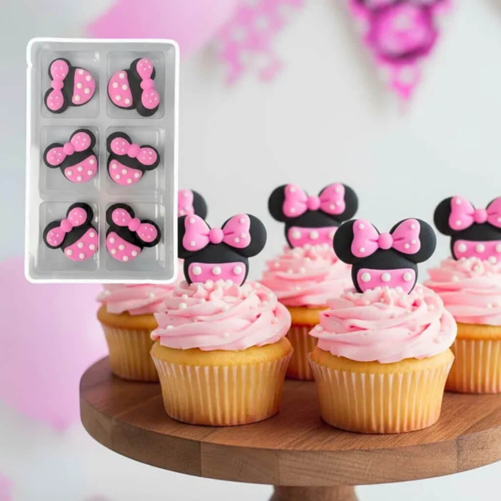 Pack of 6 Minnie Mouse Head sugar cake decorations for Disney birthday parties.