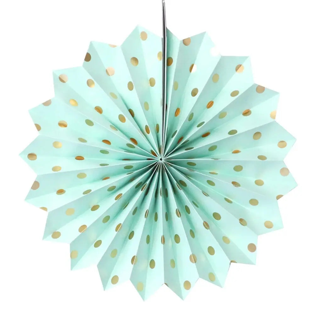 Mint Green Gold Polka Dot Hanging Paper Fan 30cm