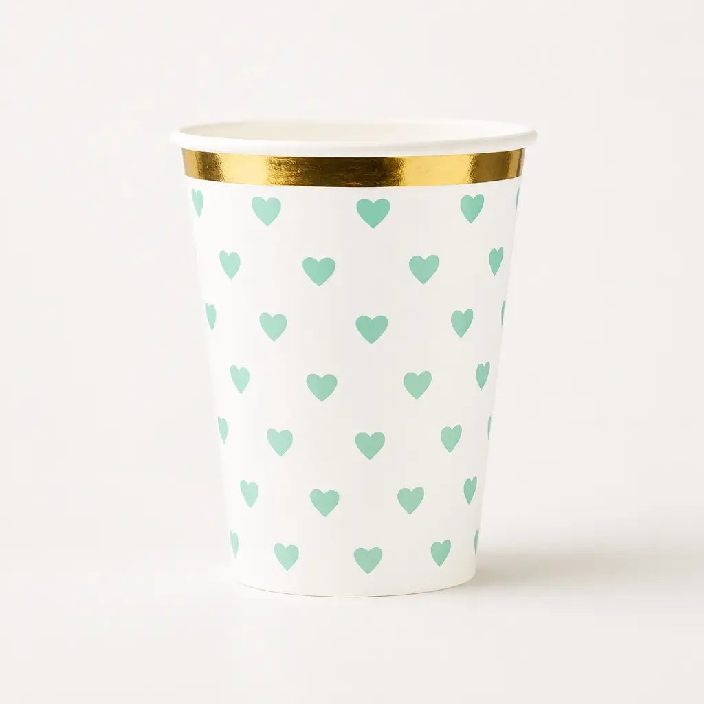Mint green heart paper cups with gold foil rim