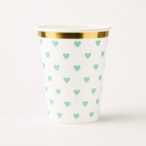 Mint green heart paper cups with gold foil rim