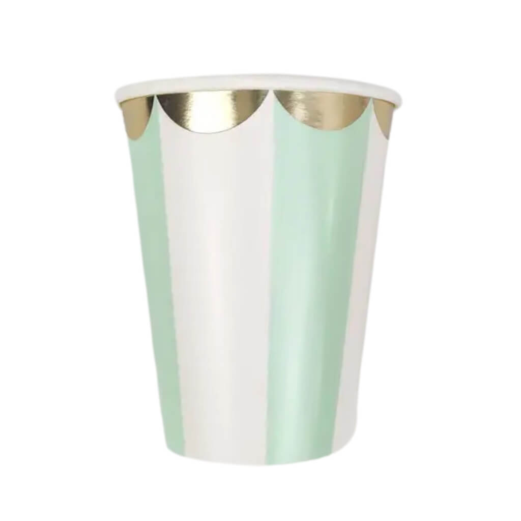 Pack of 10 Mint Green &amp; White Striped Paper Cups with Gold Trim 266ml.