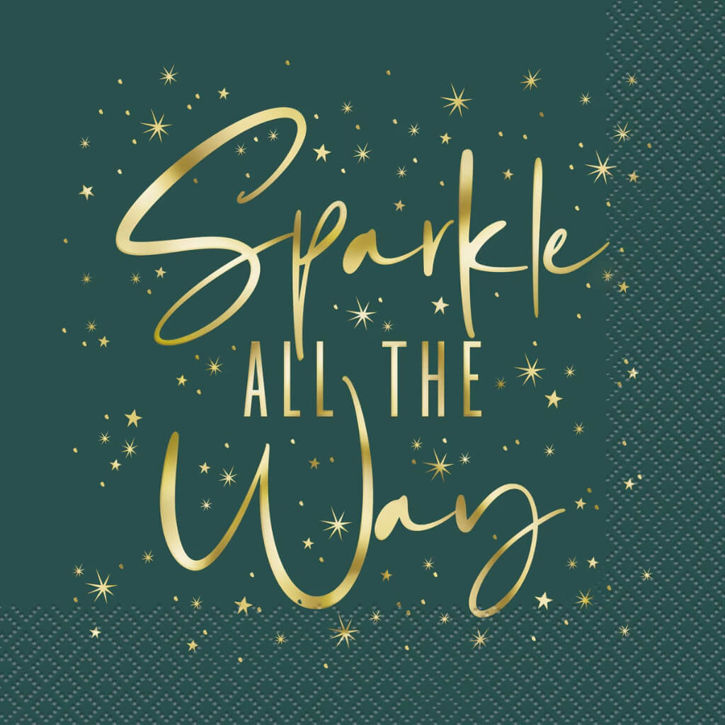 Forest green Christmas napkins with gold foil “Sparkle All The Way” text