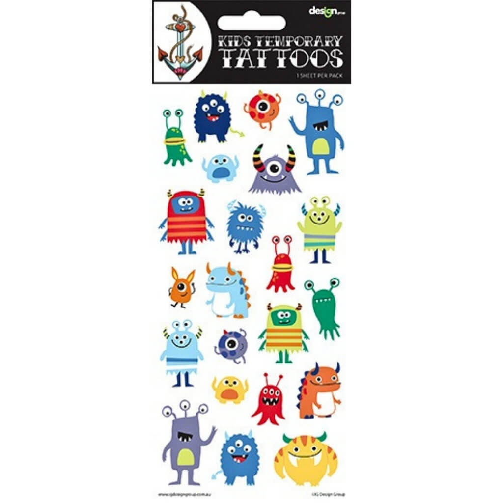 Monster kids temporary tattoos sheet with colourful cartoon monsters