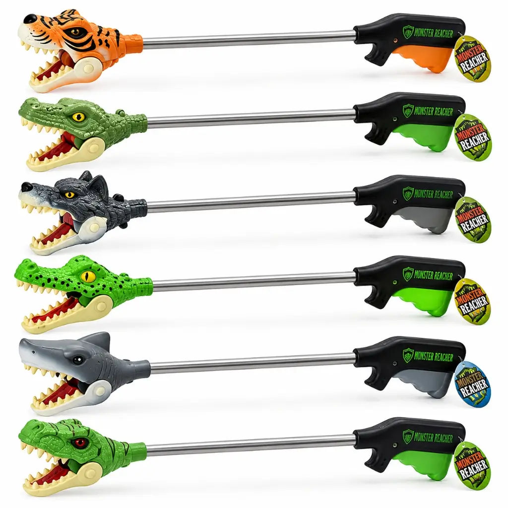 Six assorted 42cm Monster Reacher Grabbers with animal and creature heads