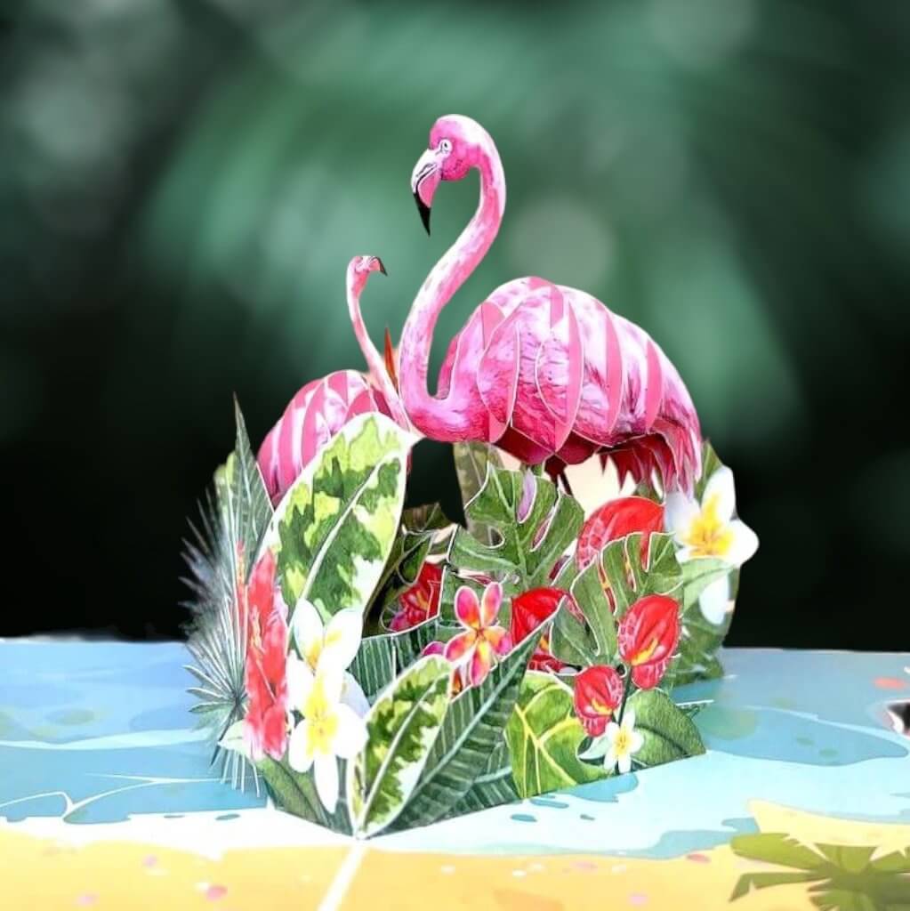 Handmade Mum & Baby Flamingoes in Spring Garden 3D Pop Up Card