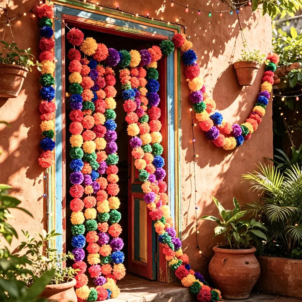 Colourful Indian rainbow pom pom garland decorating a doorway for a Diwali celebration