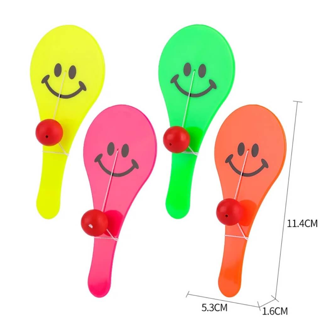 Pack of 4 Smiley Paddle Balls – Colourful Kids birthday Party Favours.