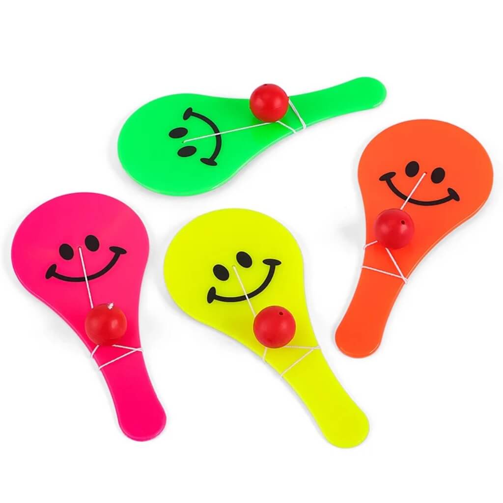 Pack of 4 Smiley Paddle Balls – Colourful Kids birthday Party Favours.