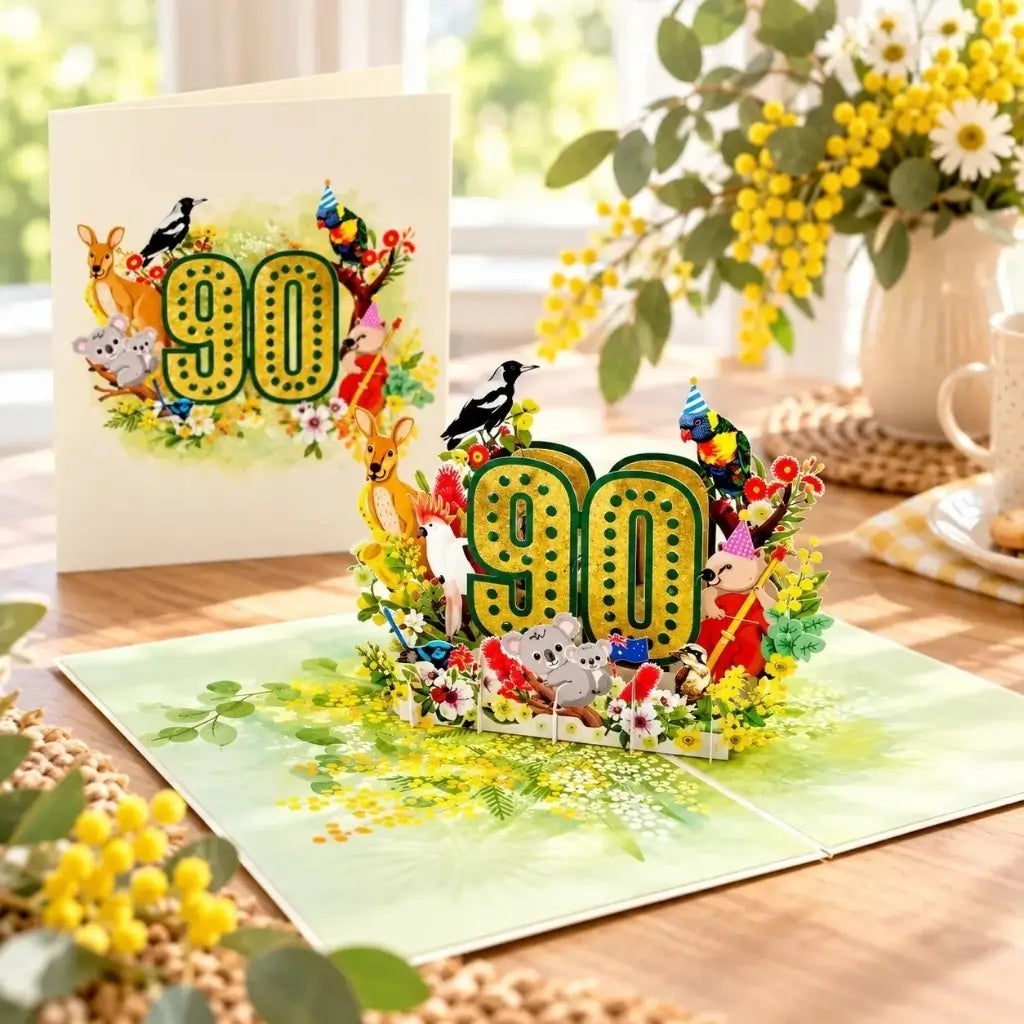 Australian animal and native flower 90th birthday 3D pop-up card