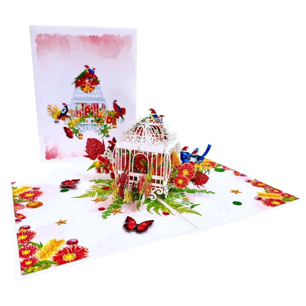 Christmas pop-up card featuring native flora and festive birds
