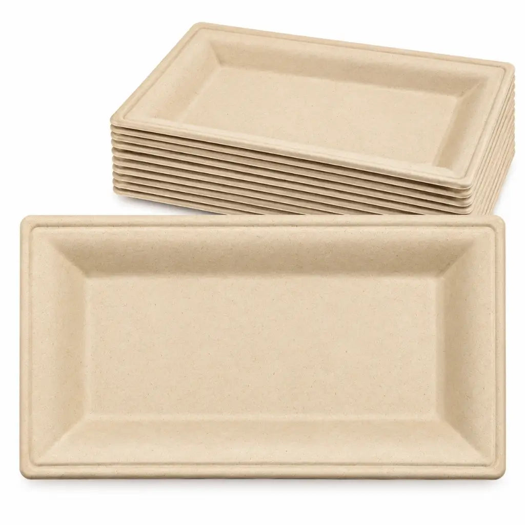 Natural beige sugarcane rectangular serving trays measuring 26cm by 13cm, pack of 10