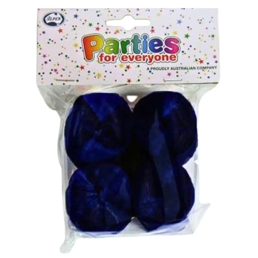 navy blue crepe paper party streamers in retail packaging containing four rolls
