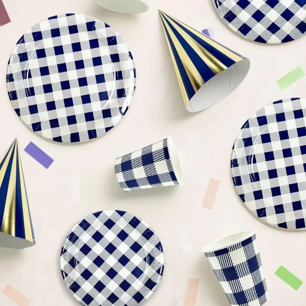 Navy Blue Gingham Paper Cups 20pk