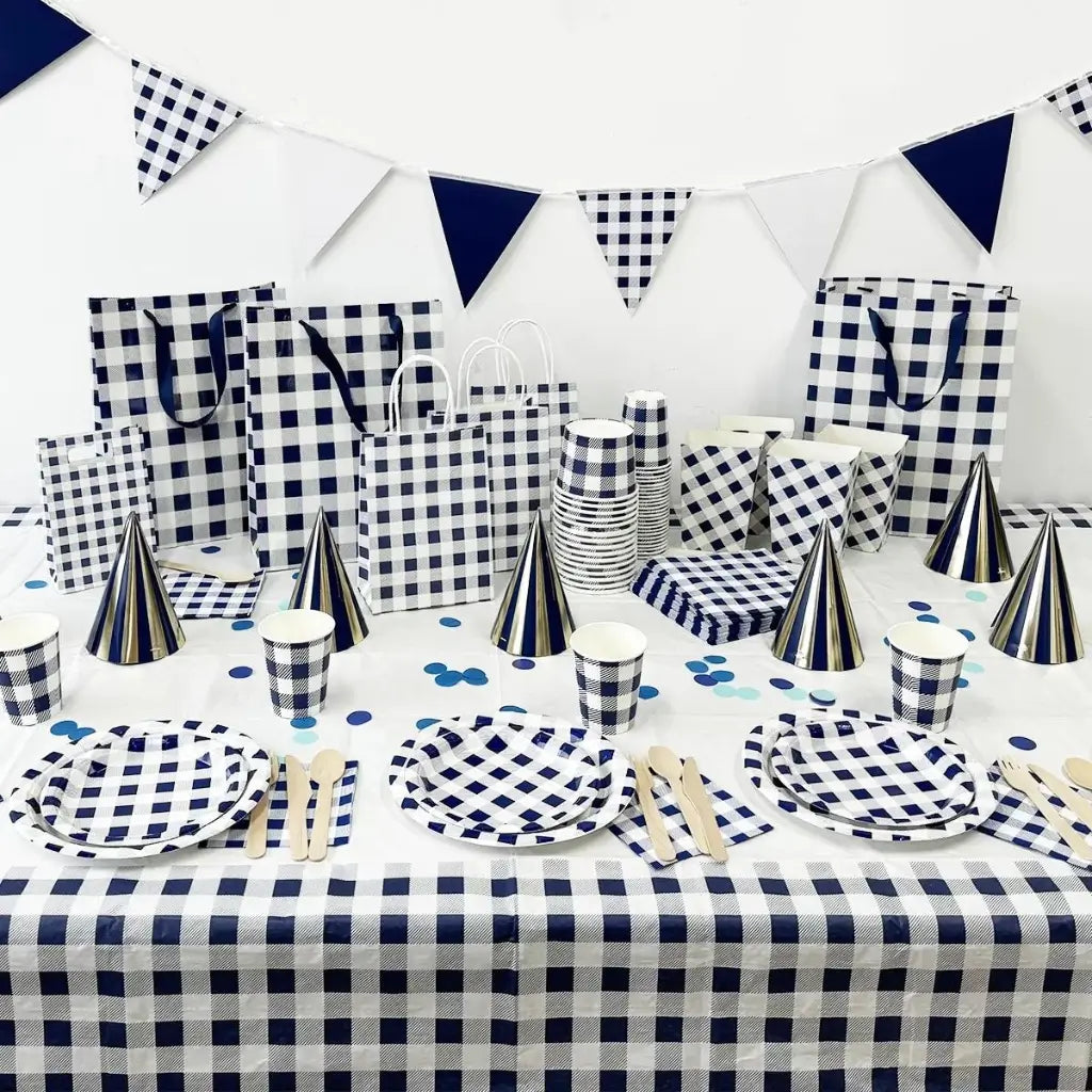 Navy Blue Gingham Paper Flag Bunting 3.5m