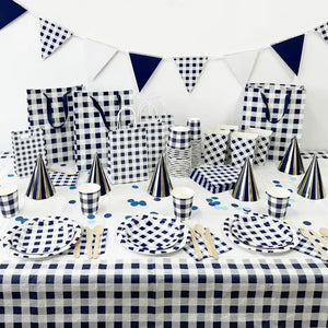 Navy Blue Gingham Paper Flag Bunting 3.5m