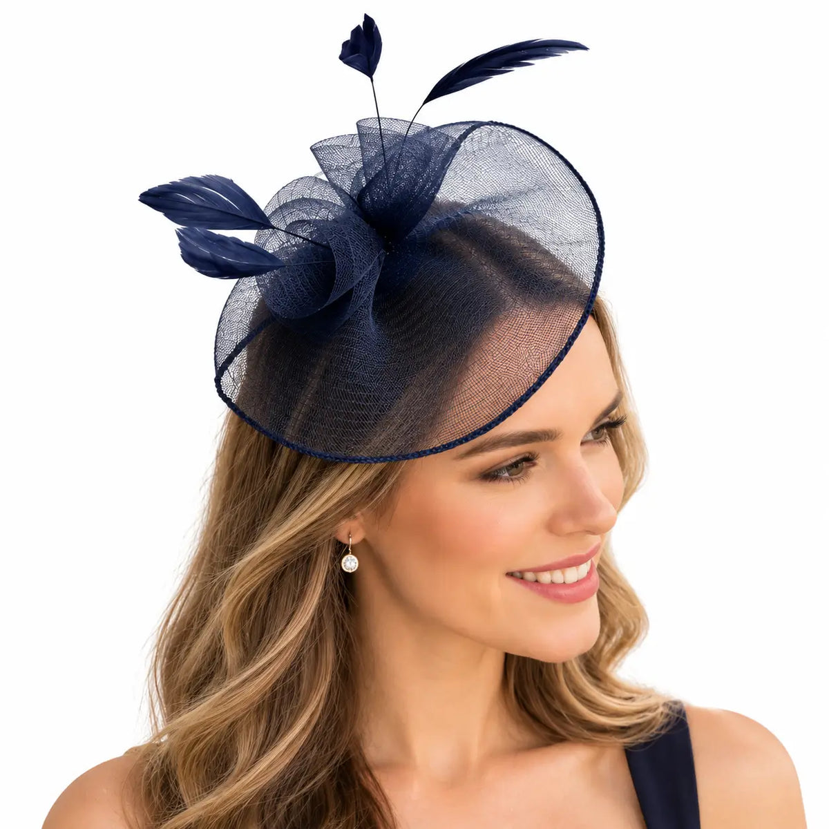 Navy blue mesh hatinator headband with a sculpted decorative centre