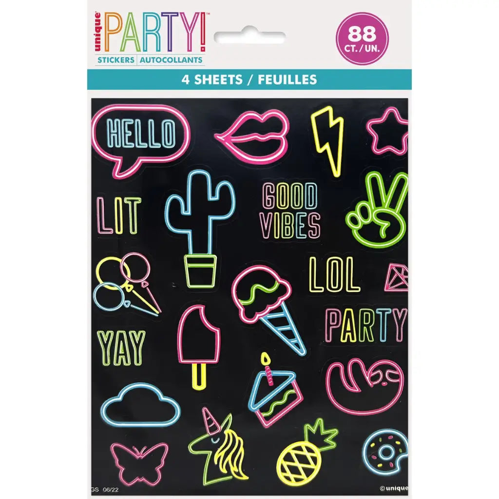 Neon Birthday Sticker Sheets 88 Stickers | Party Favours