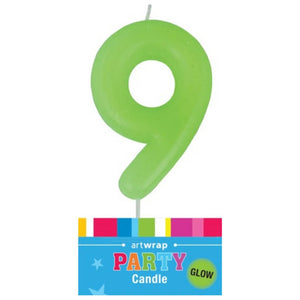 Glow in the dark number 9 birthday candle neon green