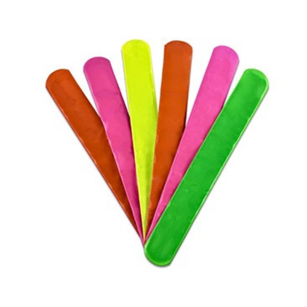 Pack of 6 colourful neon slap bands party favours.