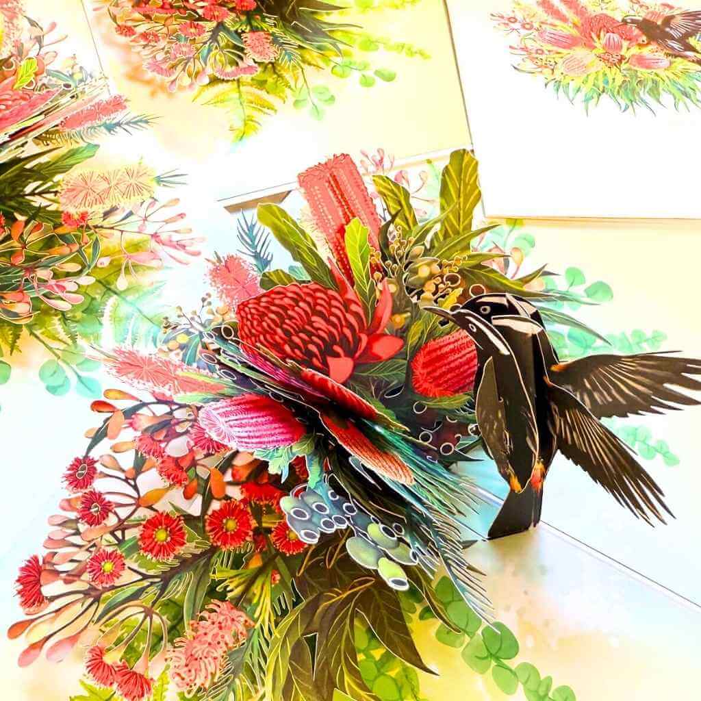 New Holland Honeyeater & Australian Native Flowers 3D Card