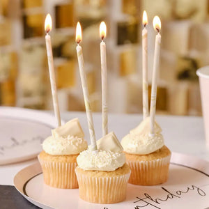 Nude and Champagne Gold Tall Marble Birthday Cake Candles 12pk