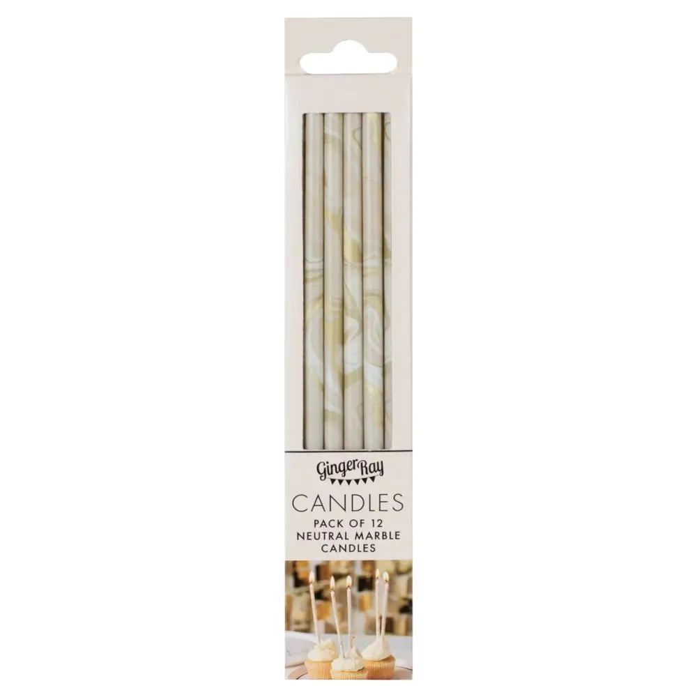 Nude and Champagne Gold Tall Marble Birthday Cake Candles 12pk