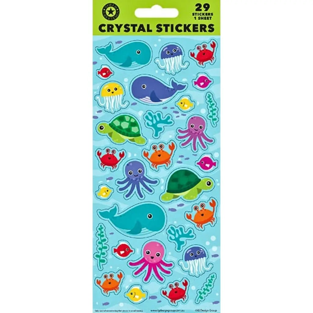 Ocean Friends crystal sticker sheet with 29 raised glossy stickers featuring whales, turtles, octopuses, jellyfish, crabs and colourful sea creatures