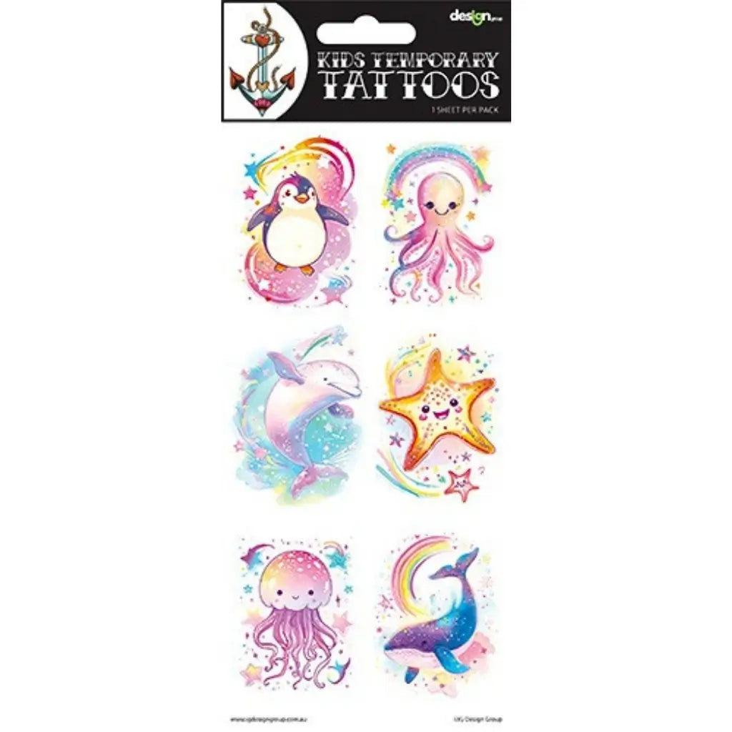 Ocean temporary tattoo sheet featuring colourful dolphin, whale, octopus, jellyfish, penguin and starfish designs for kids