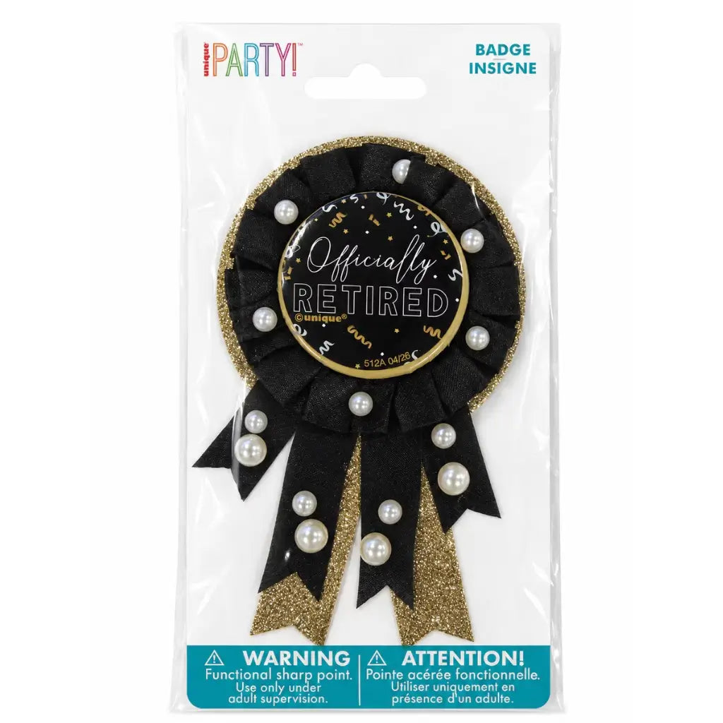 Officially Retired black and gold award ribbon badge with pearl-style beads