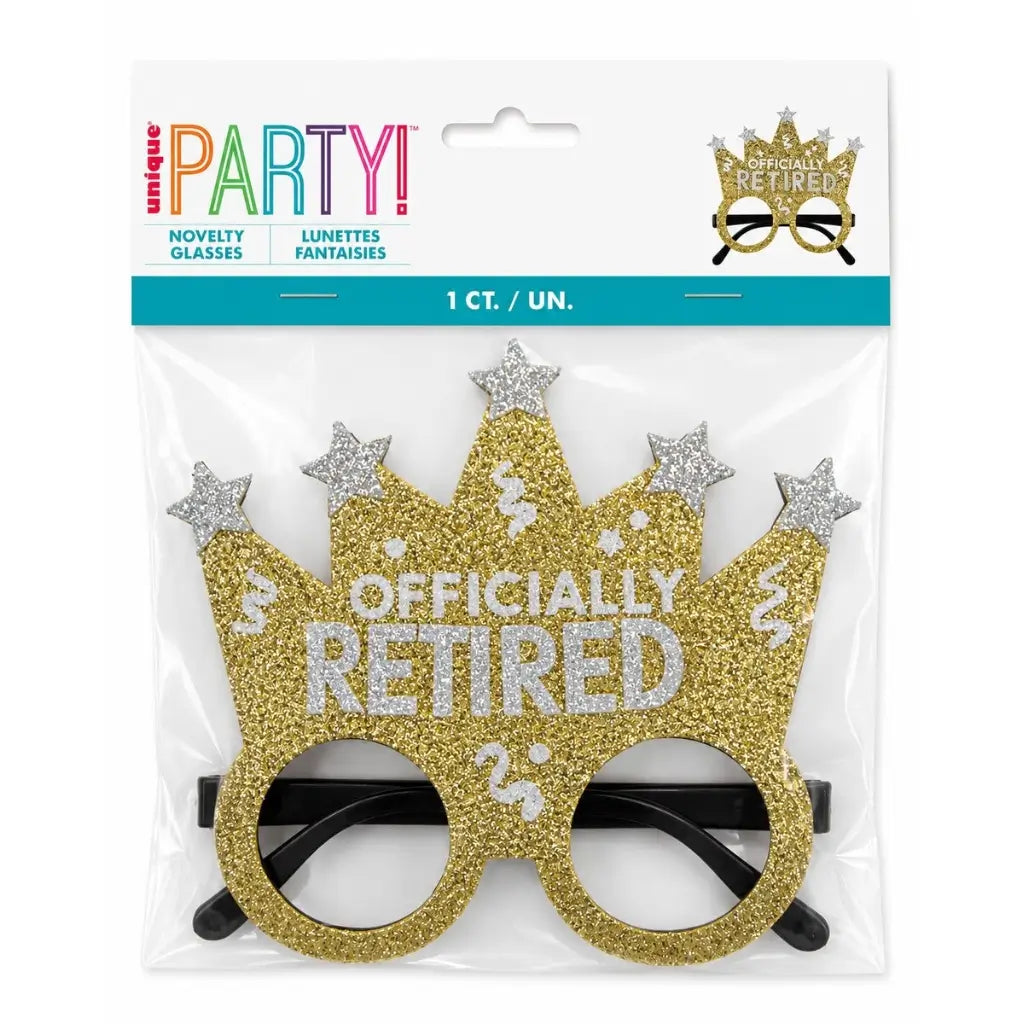 Officially Retired glitter crown novelty glasses.