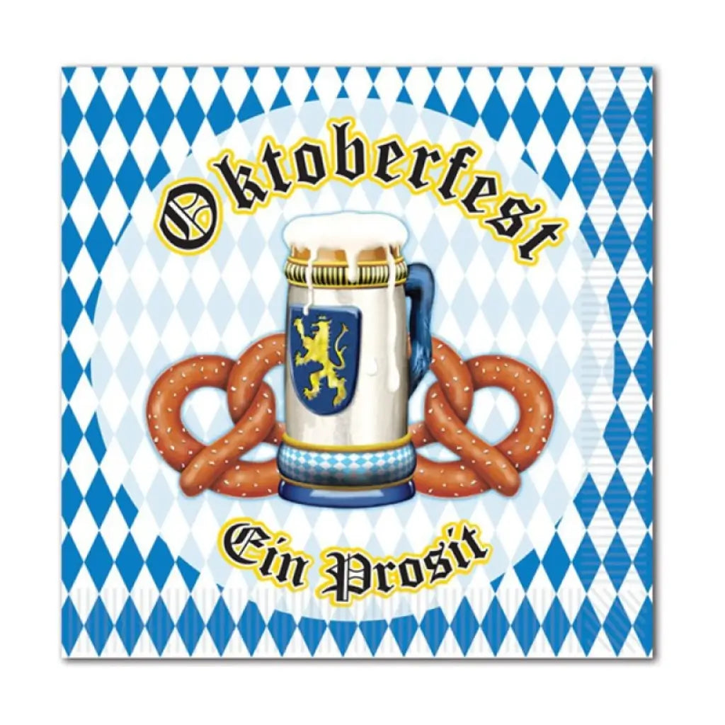 Oktoberfest beverage napkins featuring a beer stein and pretzels