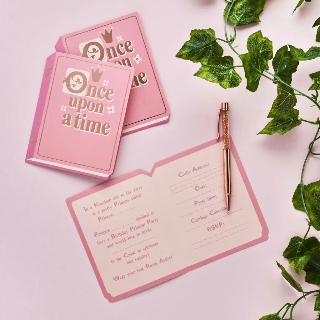 Little Princess fairytale book party invitations pack of 10 with pink storybook design