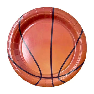 Eight orange basketball paper party plates with curved black line details