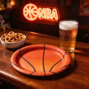 Round basketball party plate measuring approximately 17.5cm across