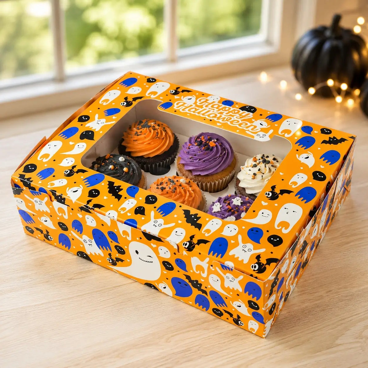 Cake Craft orange Halloween six-cupcake box with clear window and insert