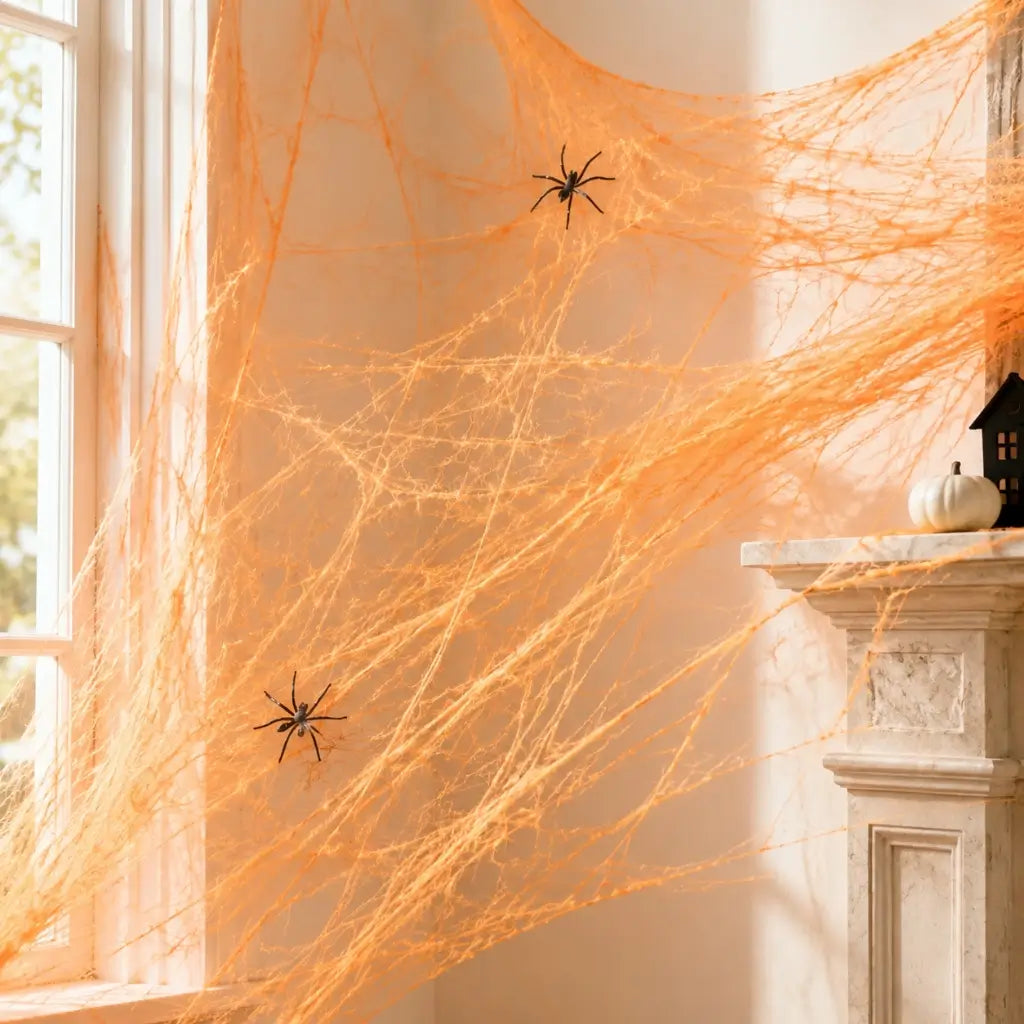 Orange Stretch Spiderweb Halloween Decoration with Spiders 60g