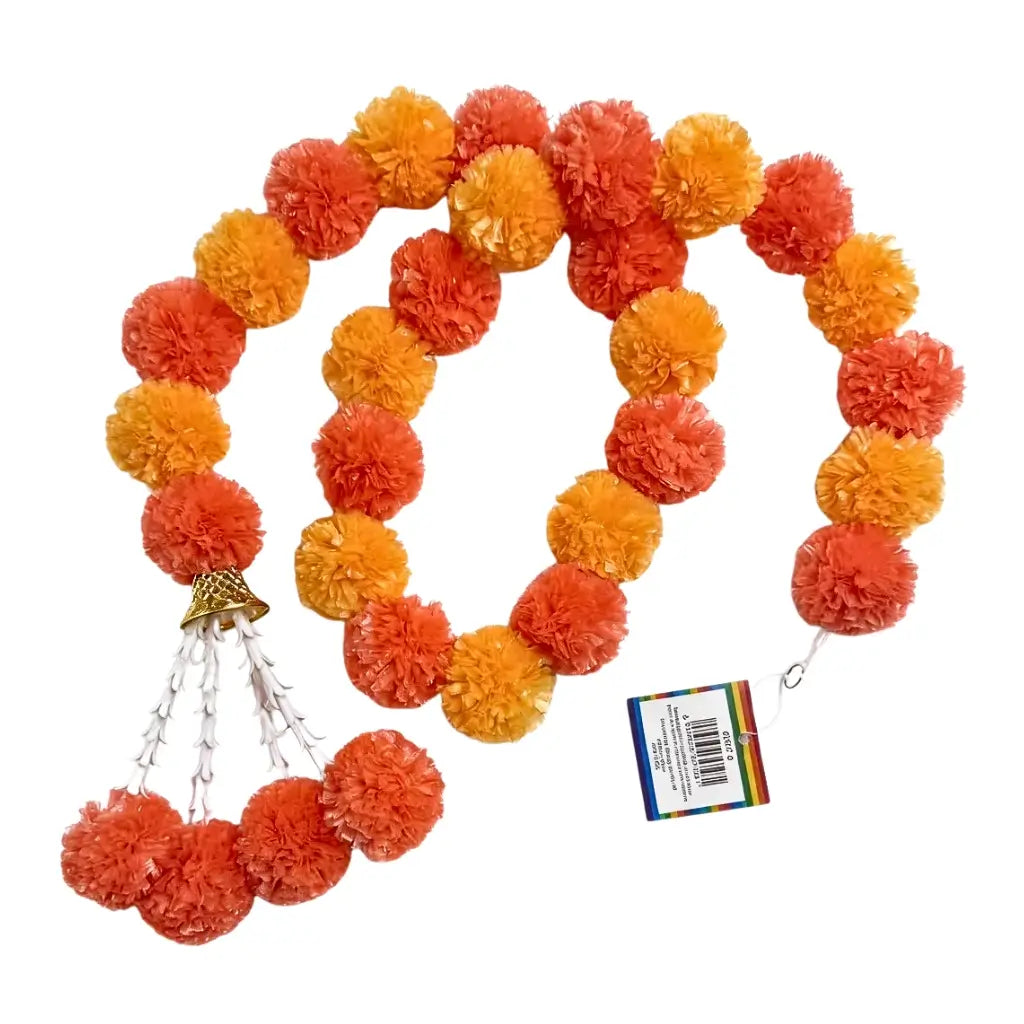 Indian traditional orange and yellow pom pom garland with decorative gold bell and white hanging accents