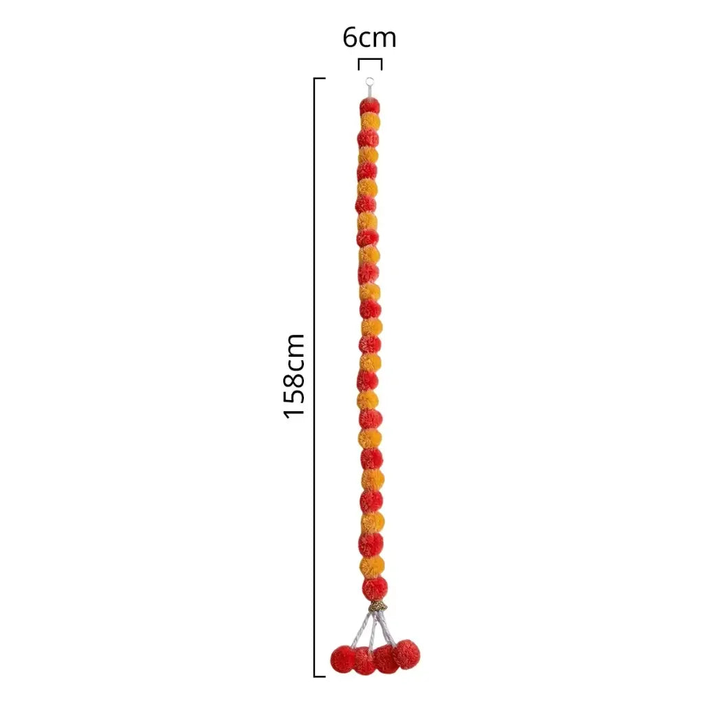 Orange Indian traditional pom pom garland with hanging bell decoration size