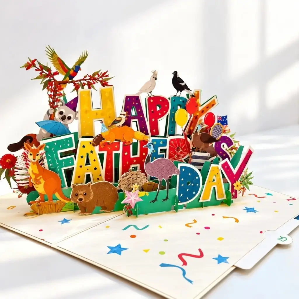 Colourful Father’s Day pop-up card featuring native Australian animals