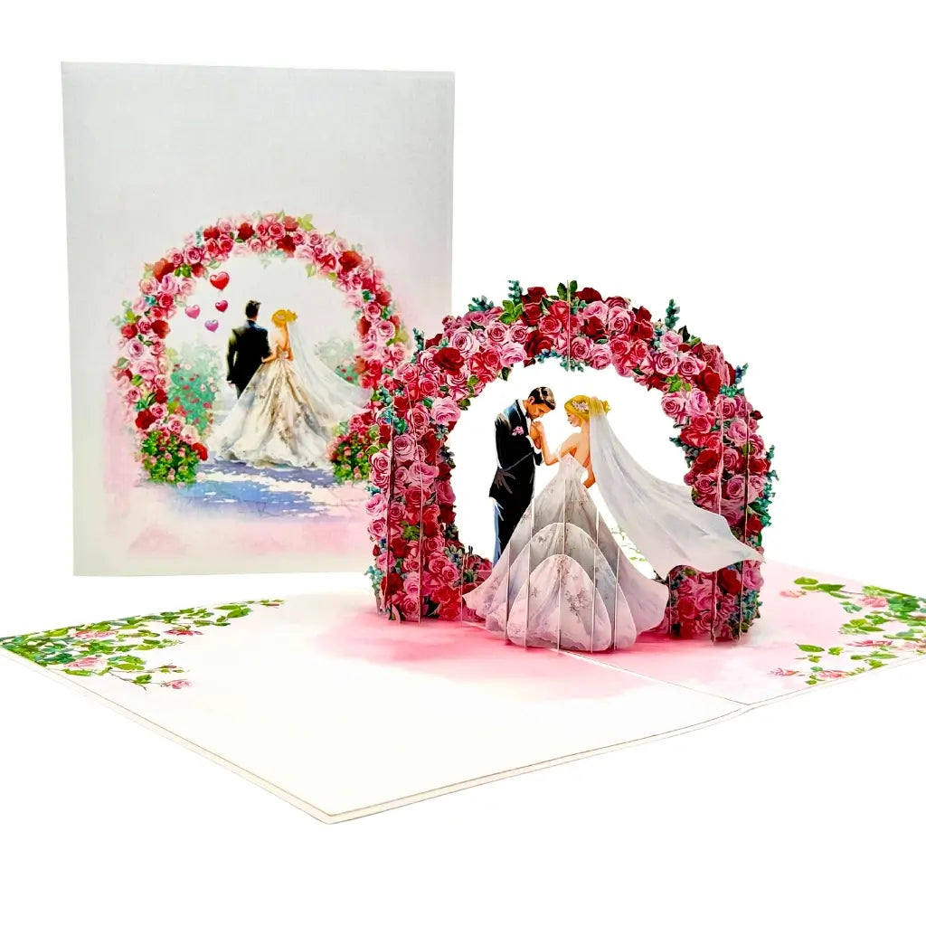 Wedding card blonde bride floral arch