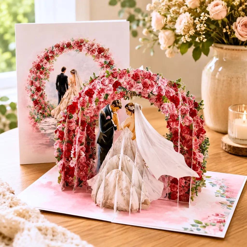 Wedding greeting card bride groom under roses